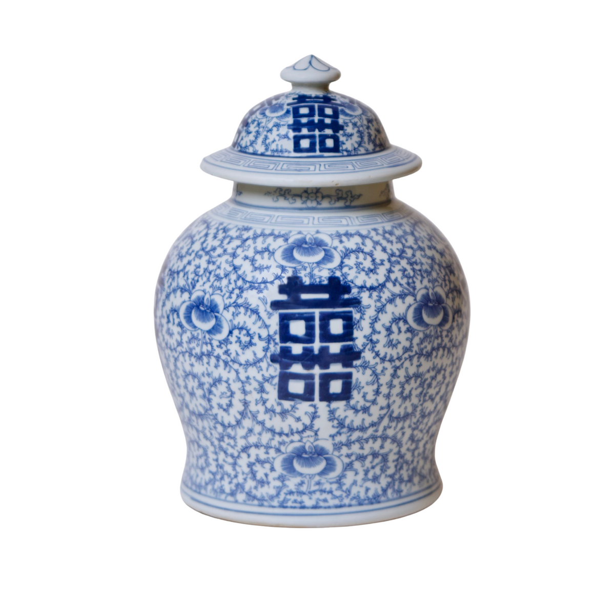 Medium Blue and White Porcelain Double Happiness Lidded Temple Jar