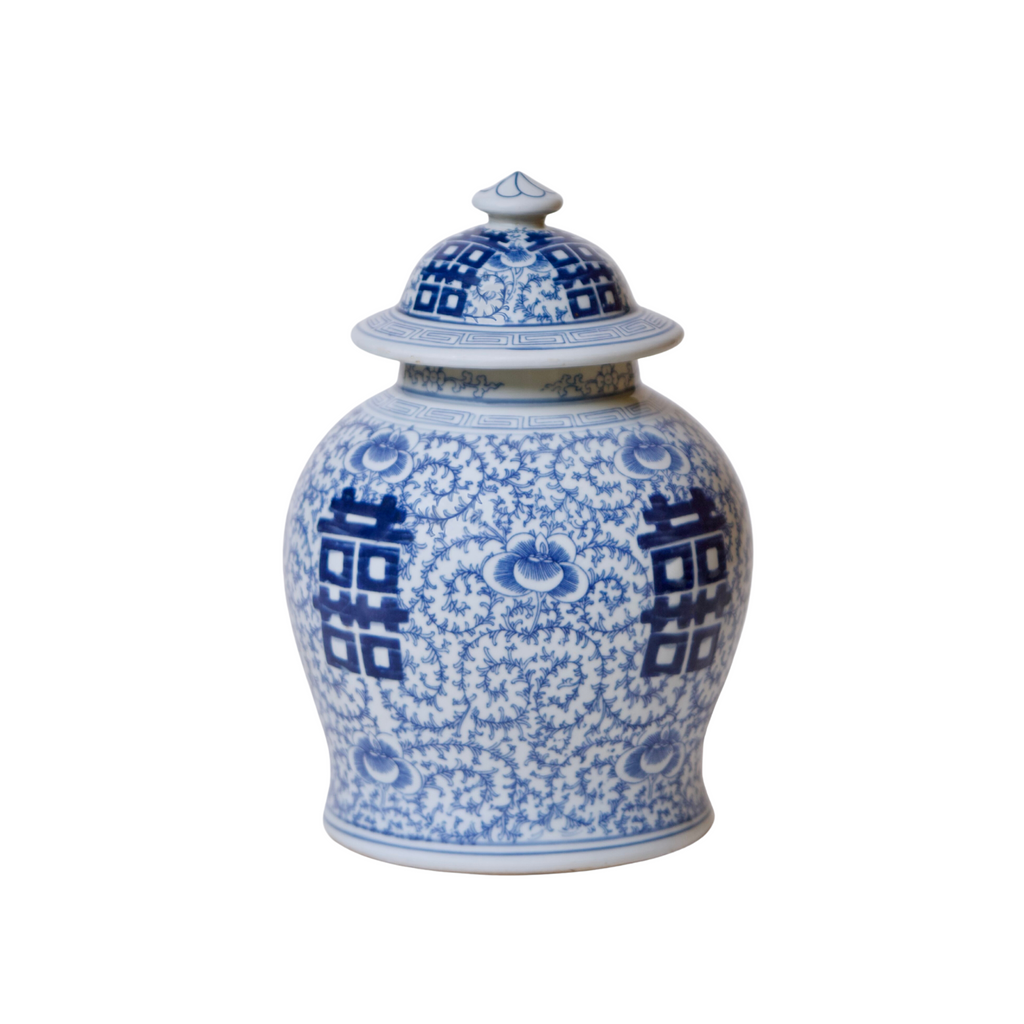 Medium Blue and White Porcelain Double Happiness Lidded Temple Jar - The Well Appointed House