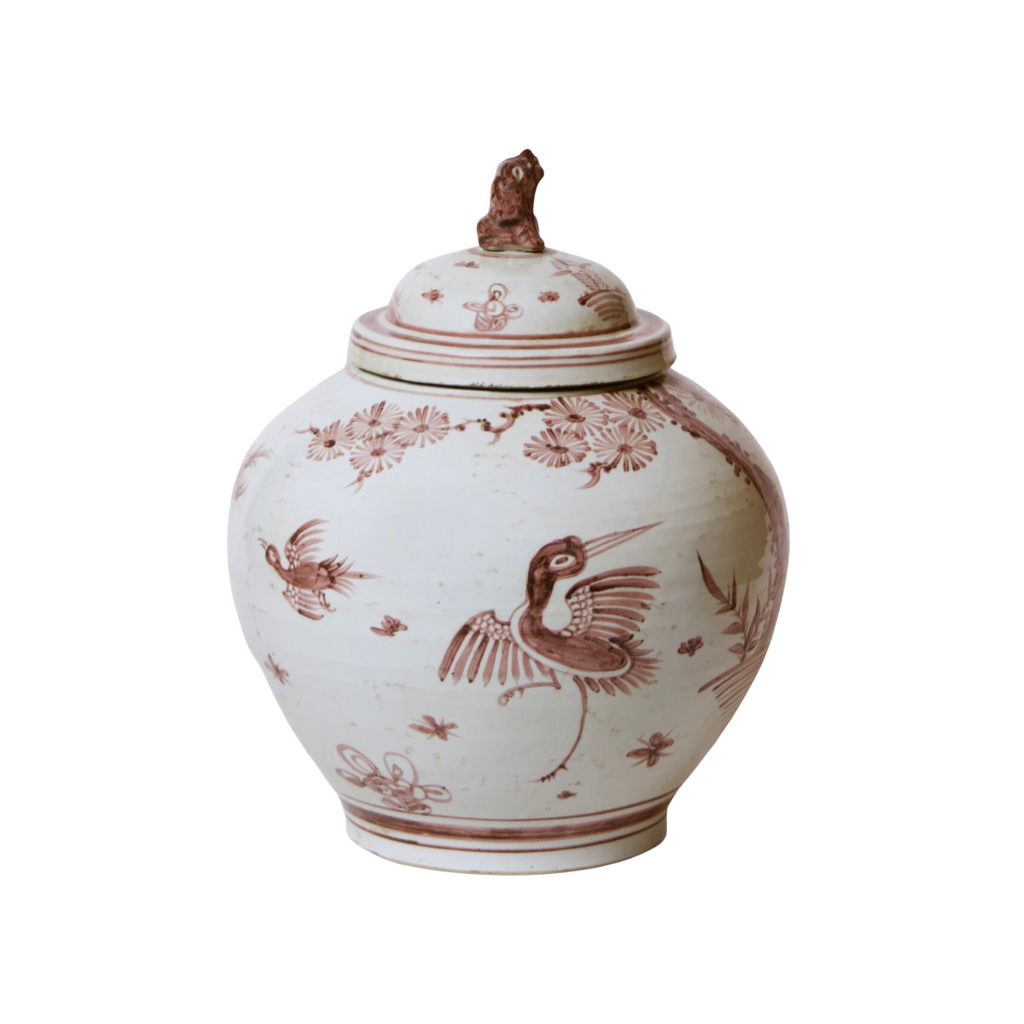 Rustic Porcelain Crane Temple Jar - The Well Appointed House