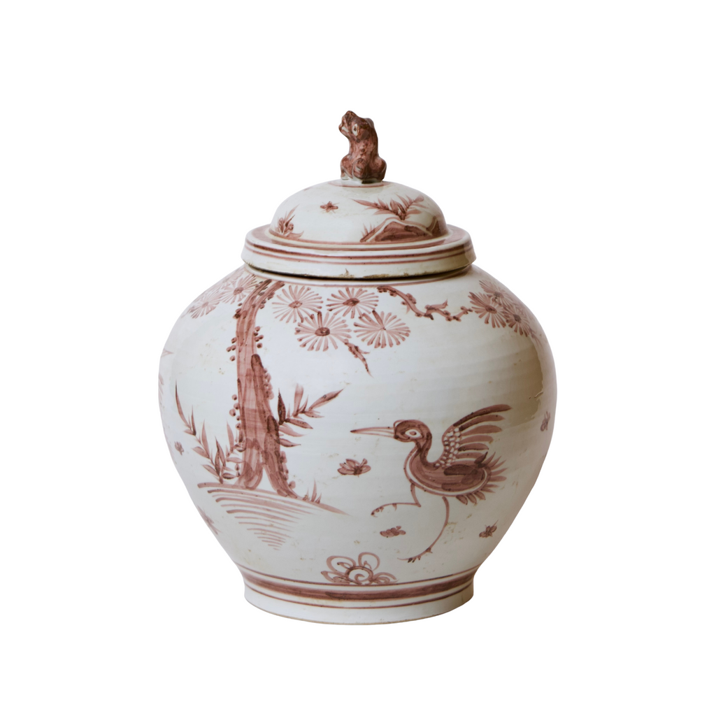 Rustic Porcelain Crane Temple Jar - The Well Appointed House