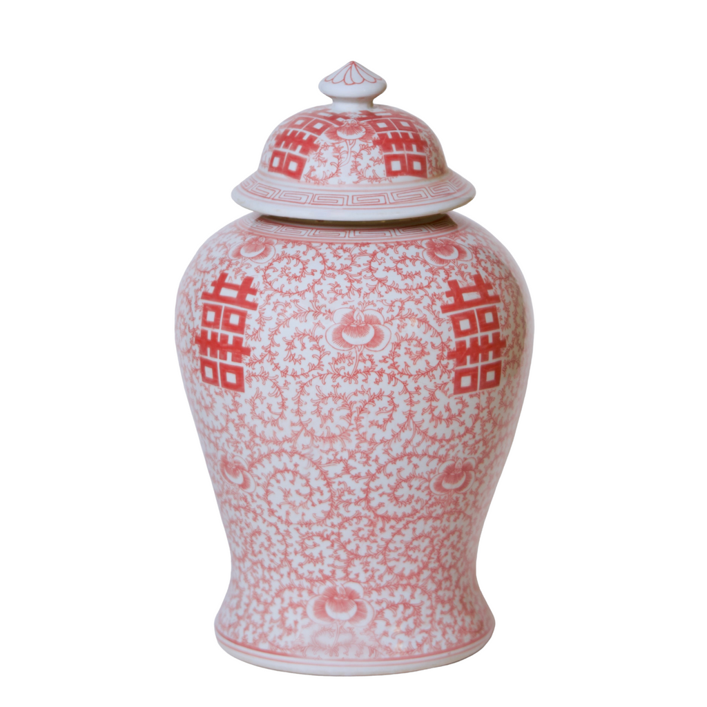 Double Happiness Red & White Porcelain Lidded Temple Jar - The Well Appointed House