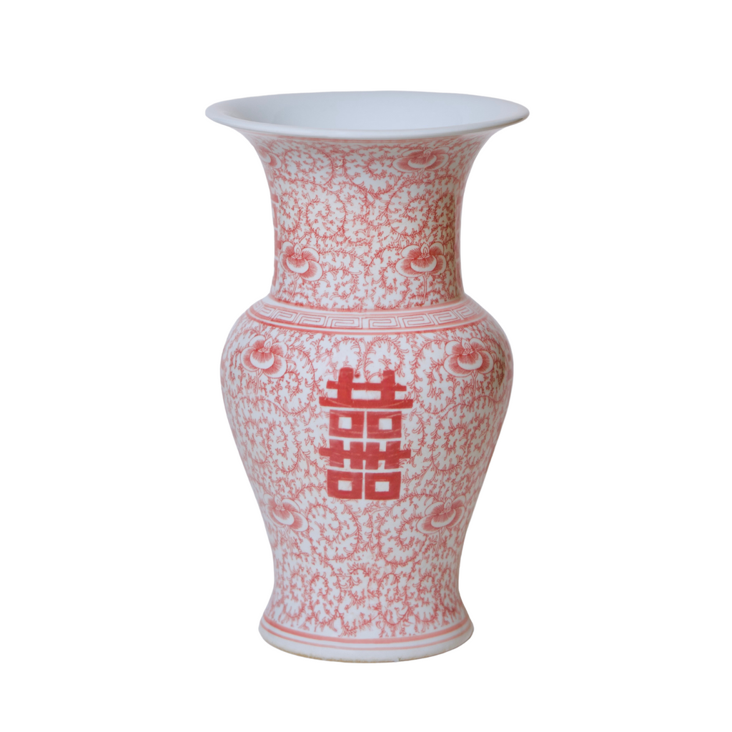 Double Happiness Red & White Porcelain Trumpet Vase - The Well Appointed House