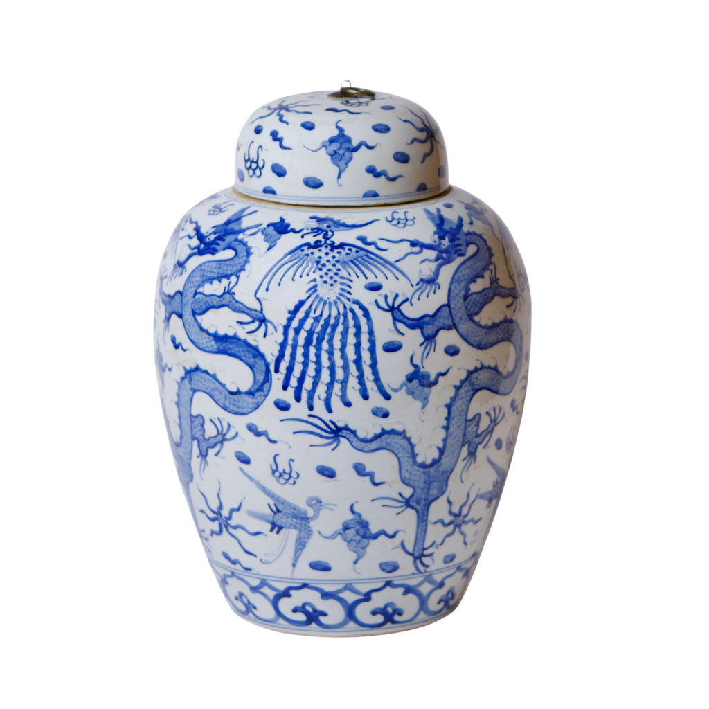 Blue and White Porcelain Dragon Lidded Jar - The Well Appointed House