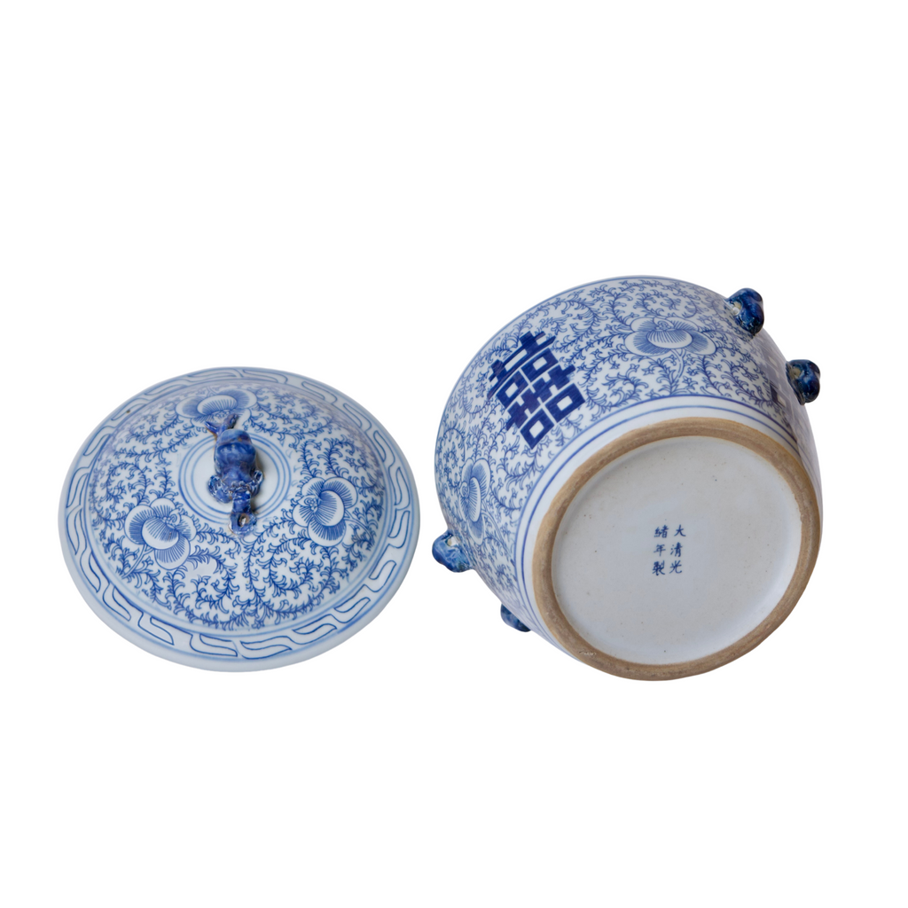Small Blue and White Porcelain Double Happiness Lug Jar - The Well Appointed House
