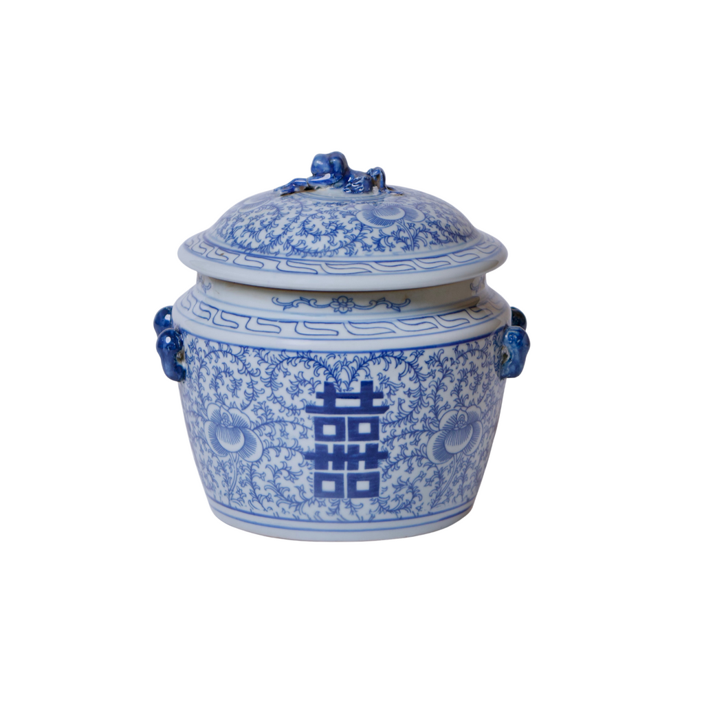 Small Blue and White Porcelain Double Happiness Lug Jar - The Well Appointed House