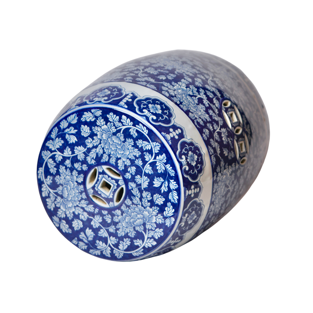 Blue and White Porcelain Dark Peony Garden Seat - The Well Appointed House