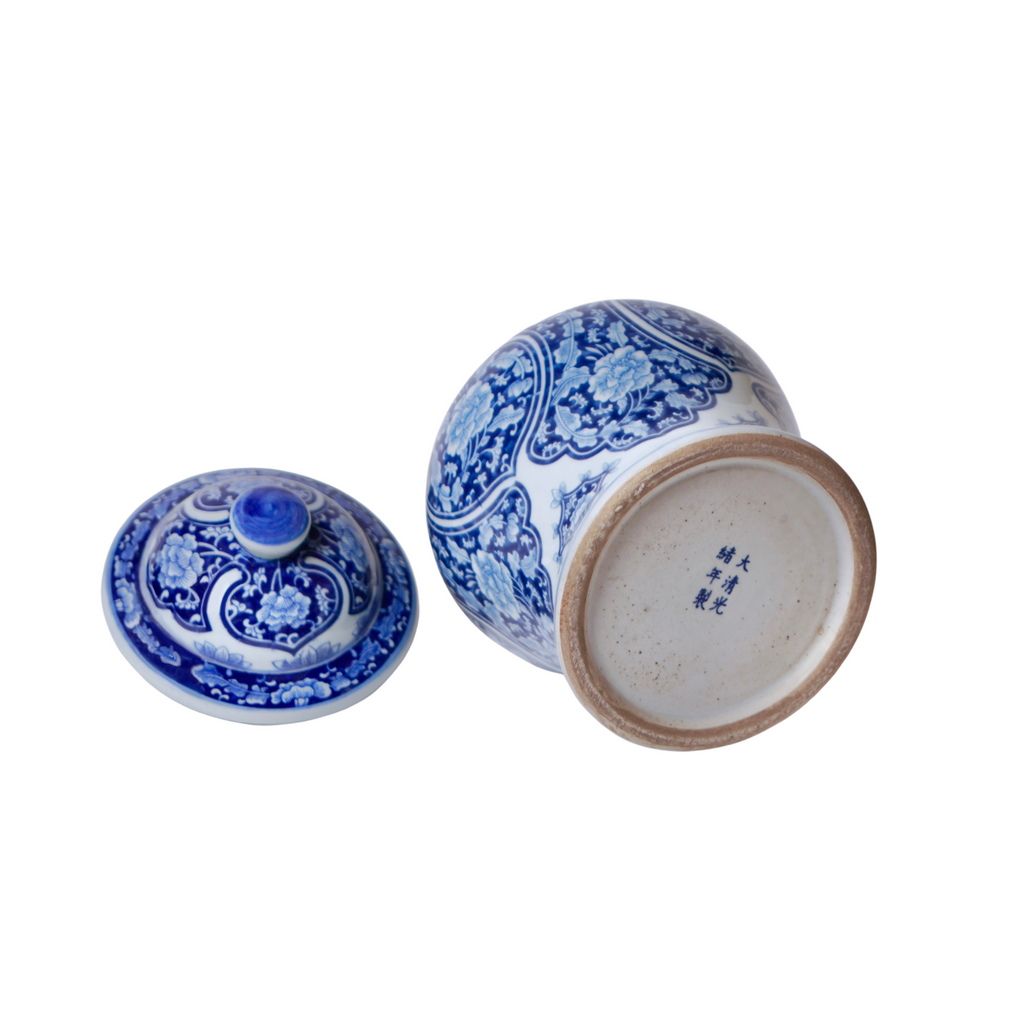 Small Blue and White Porcelain Floral Cartouche Temple Jar - The Well Appointed House
