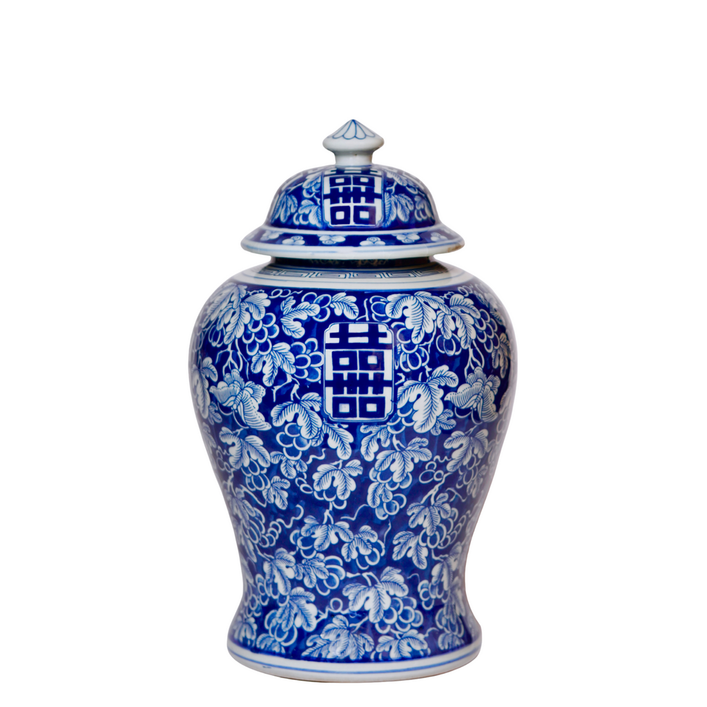 Double Happiness/Grapes Blue and White Temple Jar - The Well Appointed House