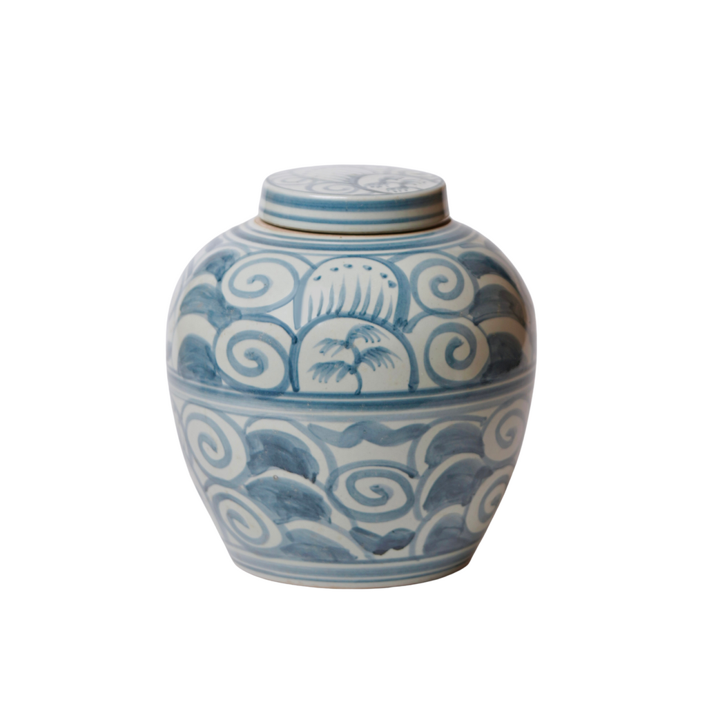 Rustic Curlicue Blue and White Porcelain Round Storage Jar - The Well Appointed House