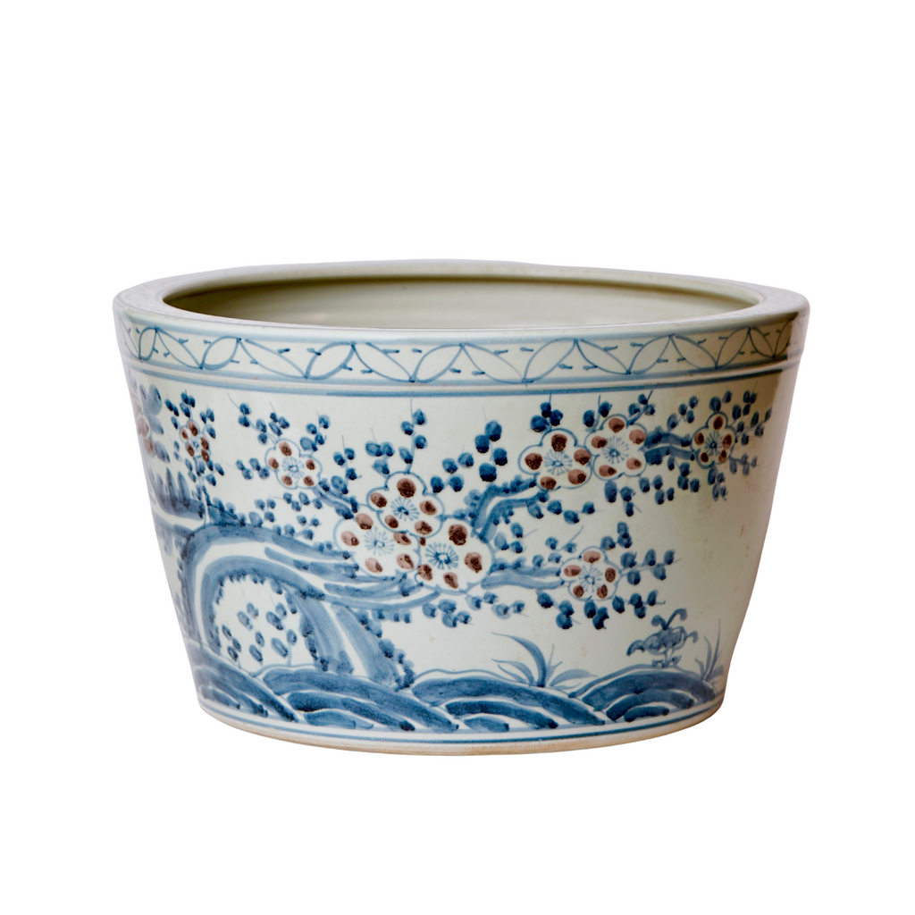 Large Rustic Red, Blue and White Blossoms Porcelain Planter - The Well Appointed House