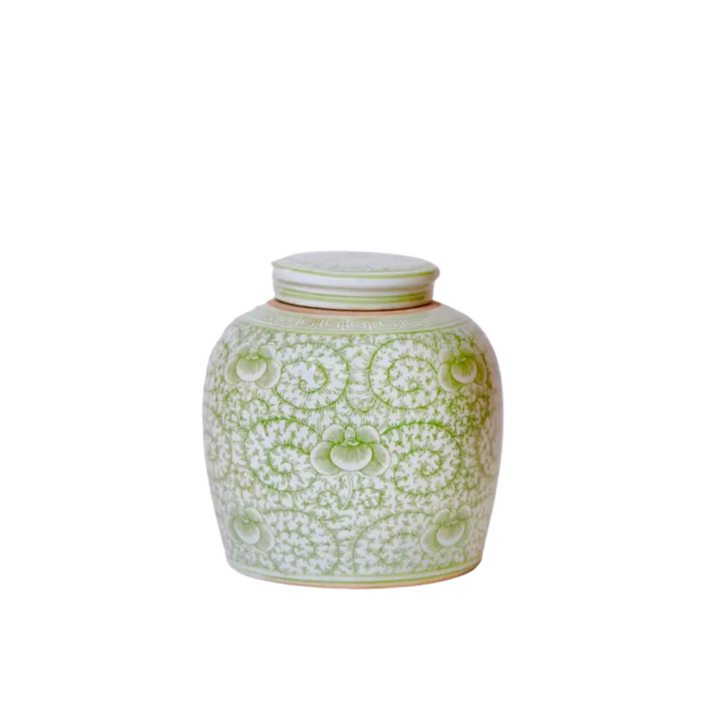 Scrolling Peony Green and White Porcelain Lidded Jar - The Well Appointed House