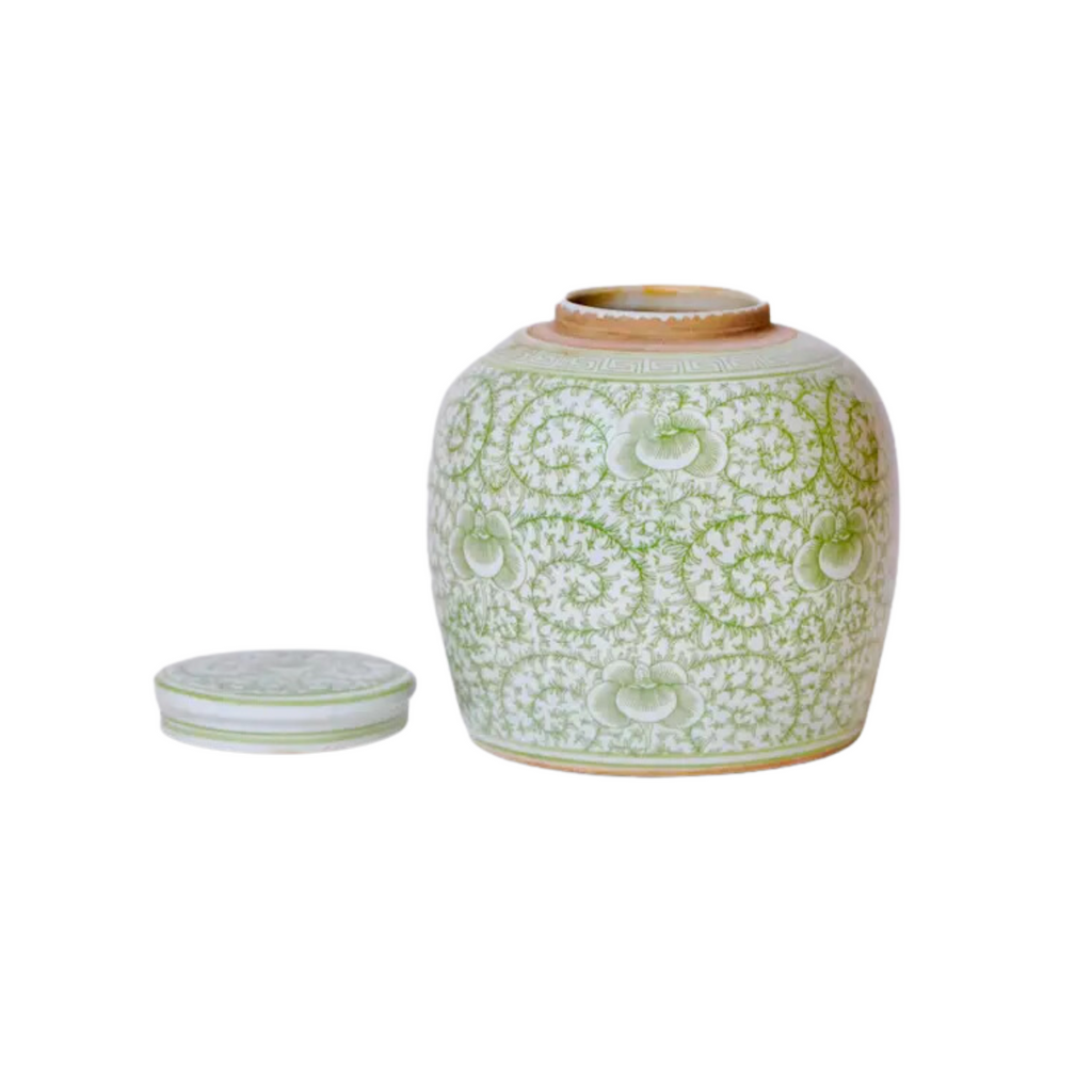 Scrolling Peony Green and White Porcelain Lidded Jar - The Well Appointed House
