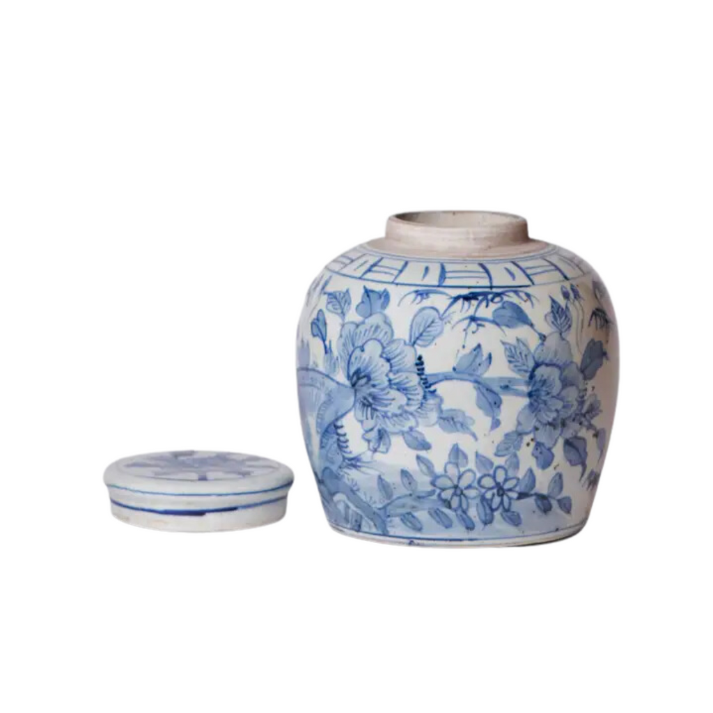 Blue and White Porcelain Rustic Floral Round Storage Jar - The Well Appointed House
