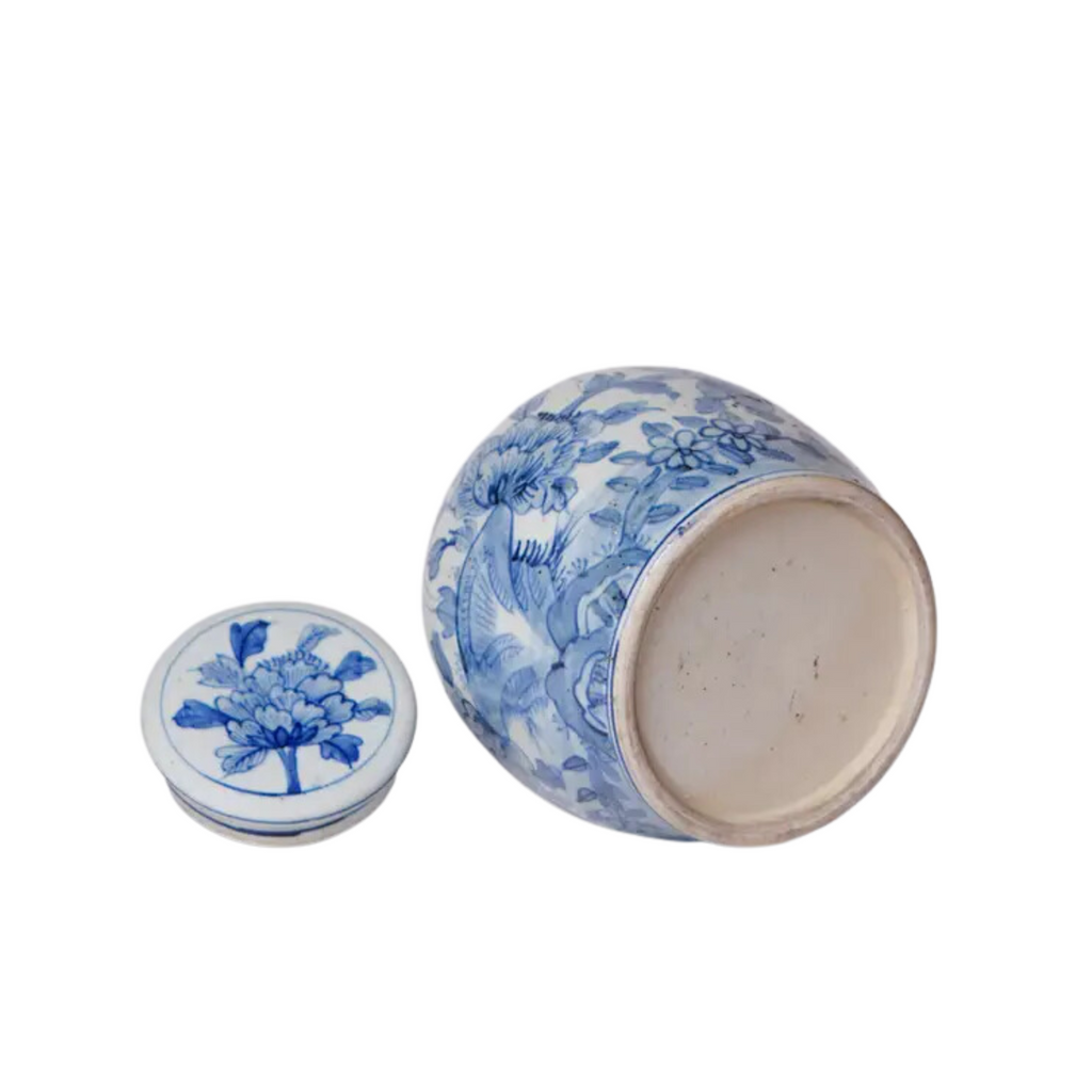Blue and White Porcelain Rustic Floral Round Storage Jar - The Well Appointed House