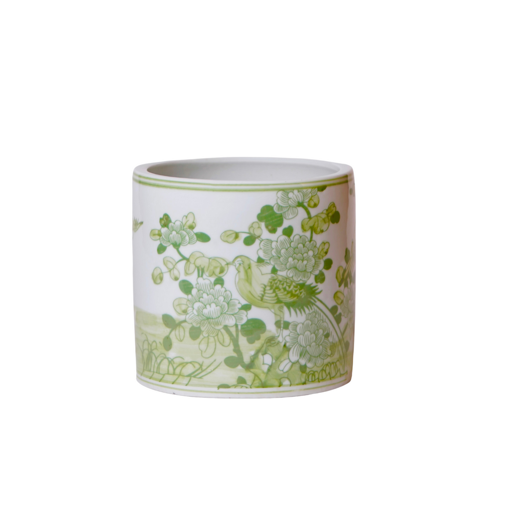 Small Green and White Porcelain Bird and Flower Cachepot - The Well Appointed House