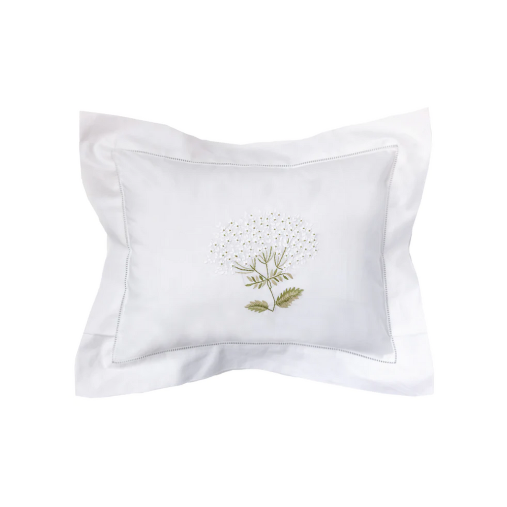 Embroidered White Hydrangea Boudoir Pillow Cover With Hem Stitch Border - The Well Appointed House