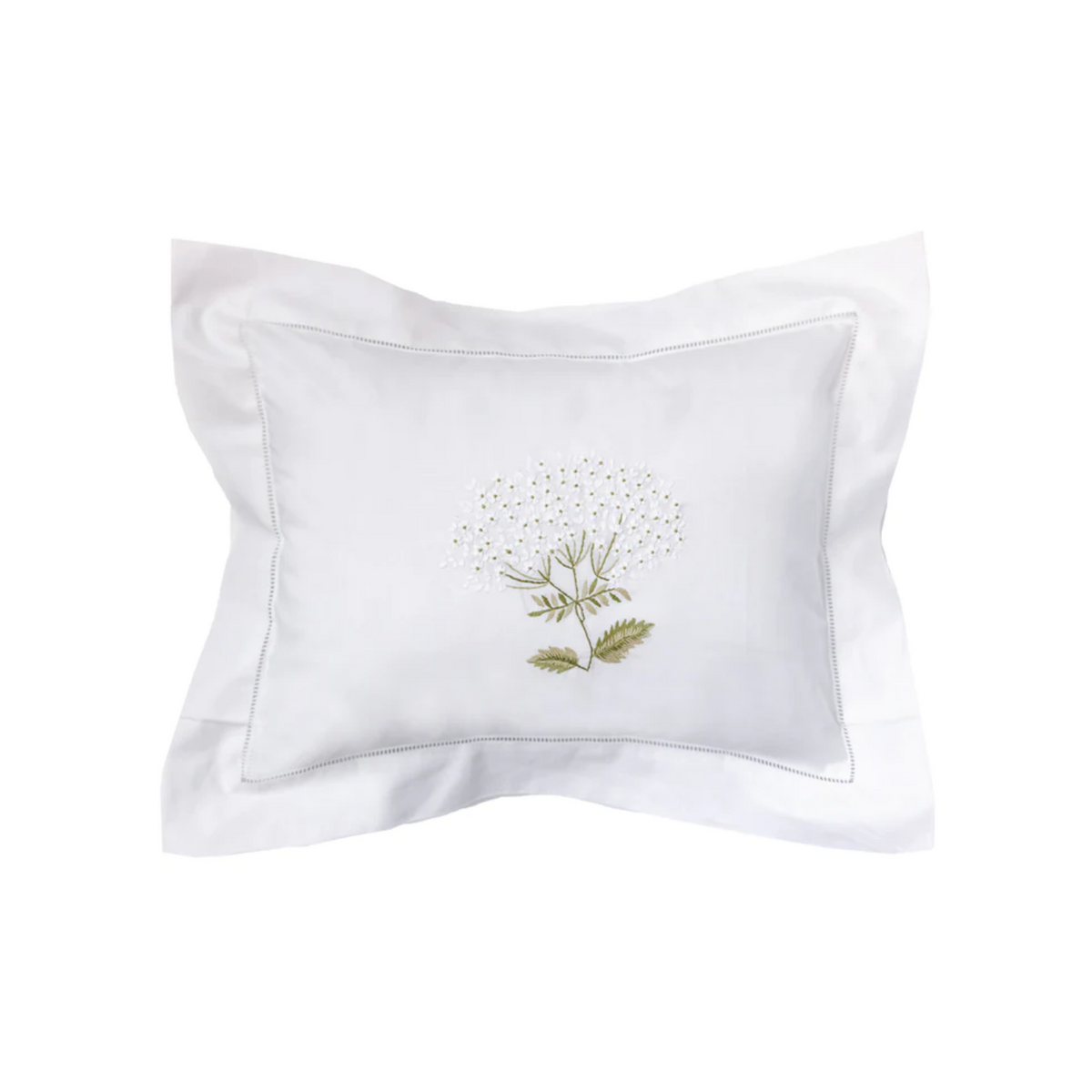Embroidered White Hydrangea Boudoir Pillow Cover With Hem Stitch Borde