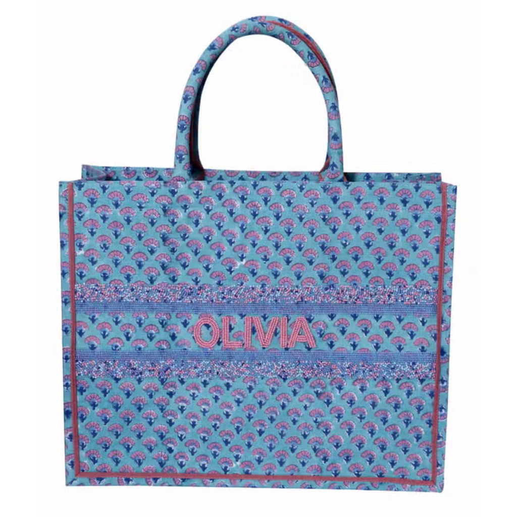 Blue & Fuchsia Pink Handmade Beaded Floral Tote - The Well Appointed House