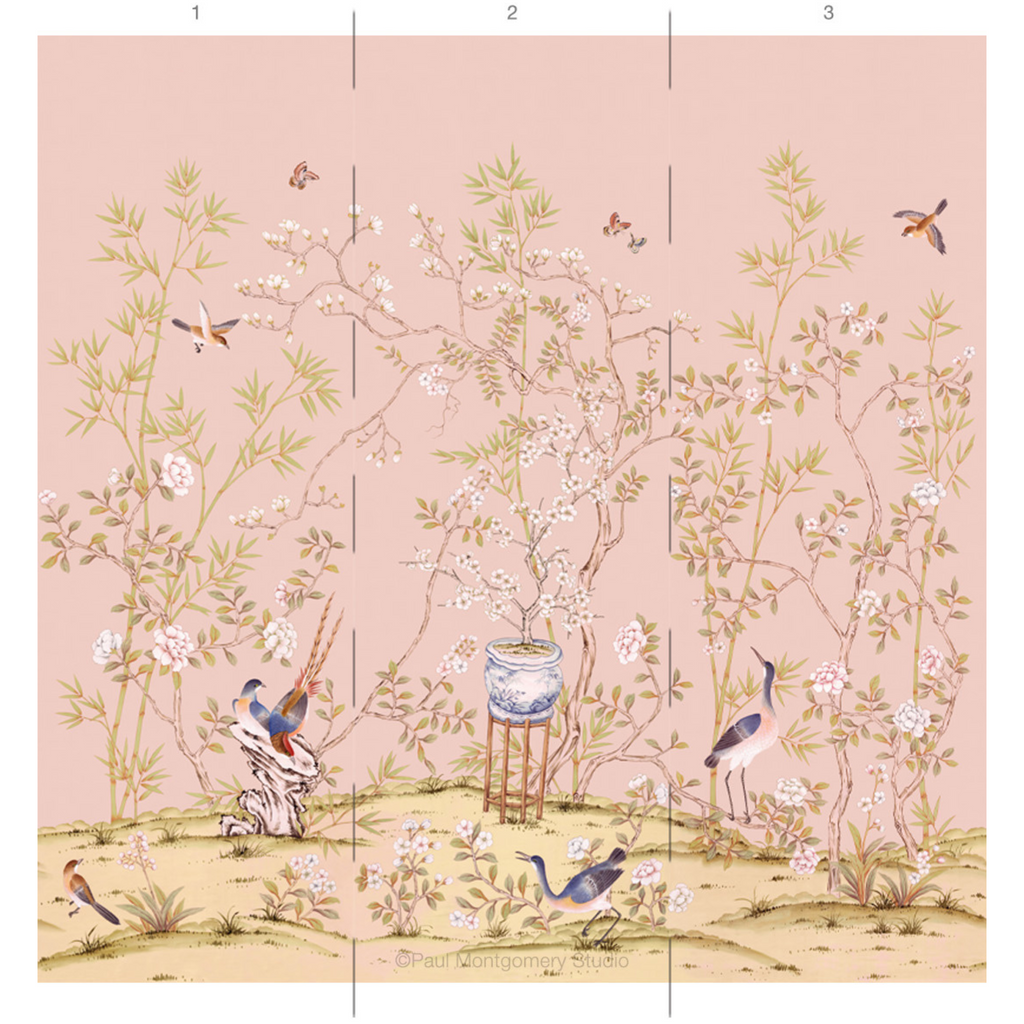 Chai Wan Triptych Chinoiserie Mural Wallpaper Panels in Rose - The Well Appointed House