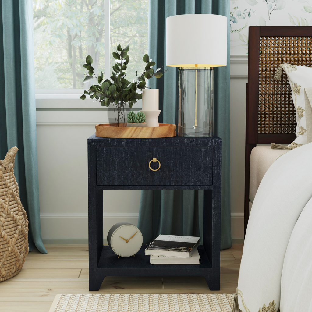 Coastal Navy Saguran Raffia Single Drawer Nightstand - The Well Appointed House