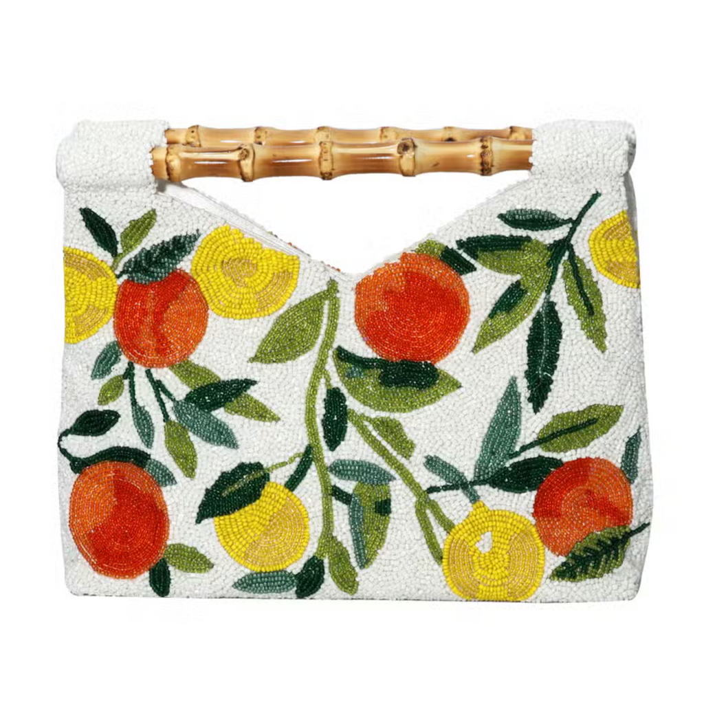 Fully Beaded White With Orange & Yellow Citrus Design Clutch With Bamboo Handle - The Well Appointed House