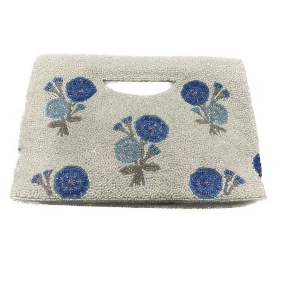 Fully Beaded White With Blue Flower Motif Clutch - The Well Appointed House