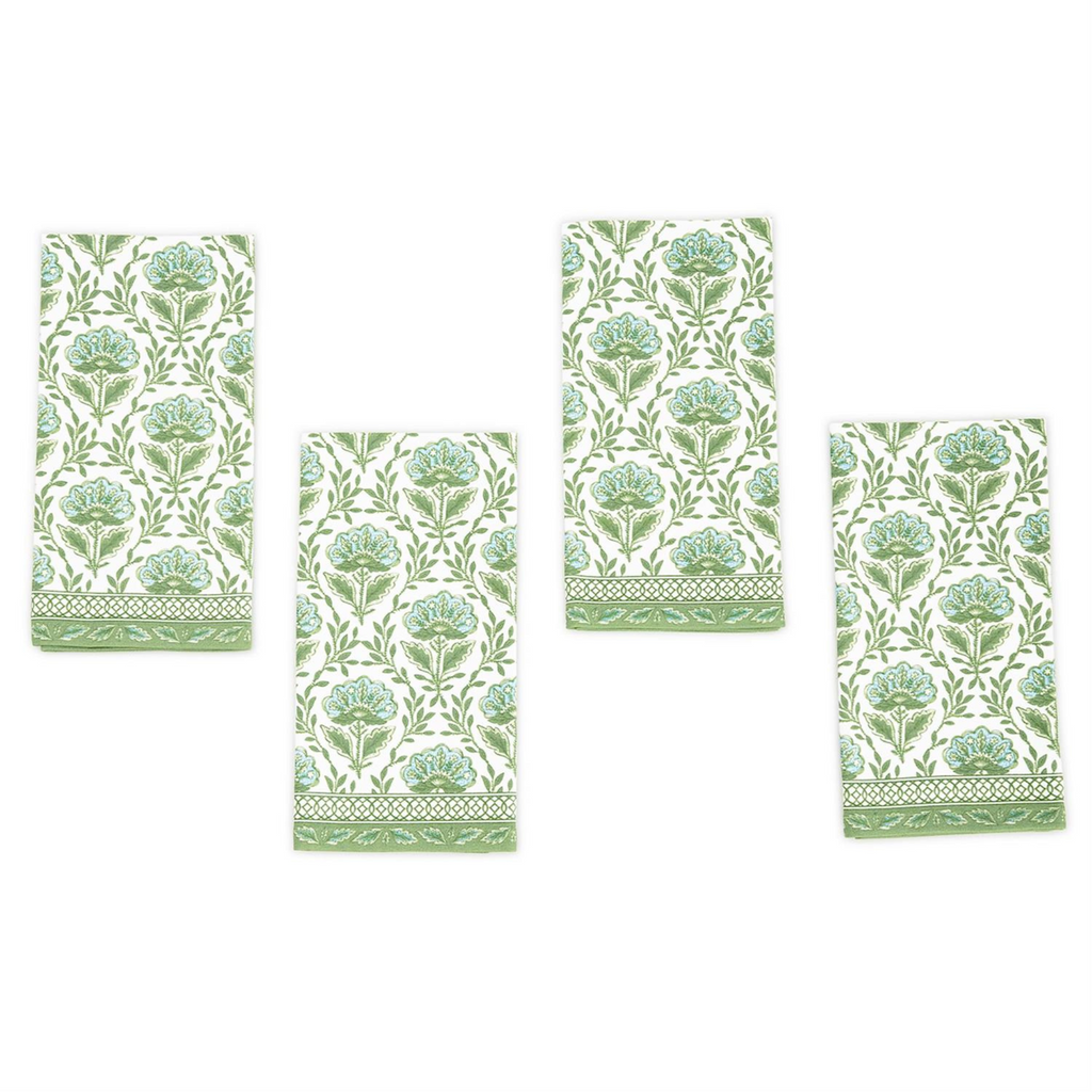Set of 4 Countryside Green and White Floral Pattern Napkins - Dinner Napkins - The Well Appointed House