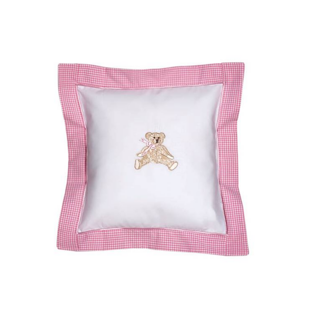 Pink Bow Teddy Bear Baby Pillow Cover with Blue Gingham Flange - The Well Appointed House