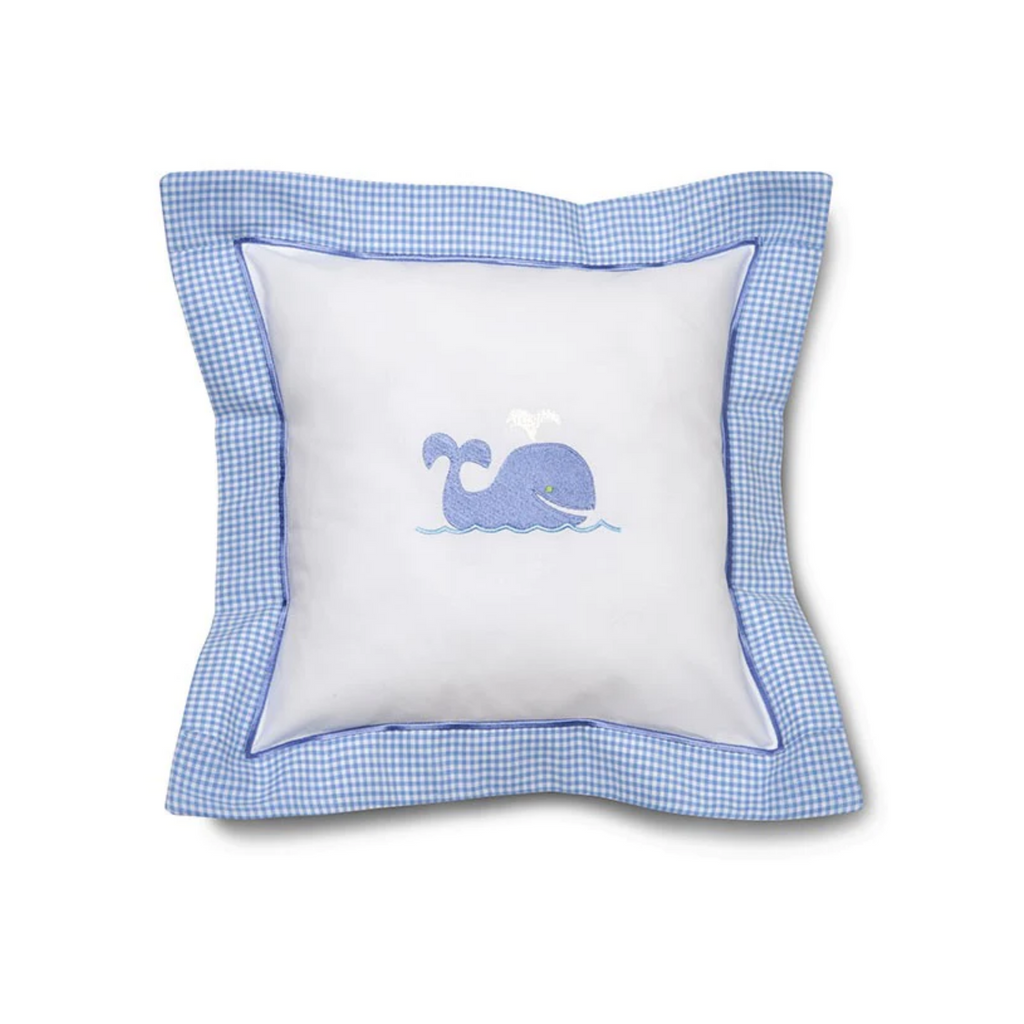Blue Whale Baby Pillow Cover with Blue Gingham Flange - The Well Appointed House
