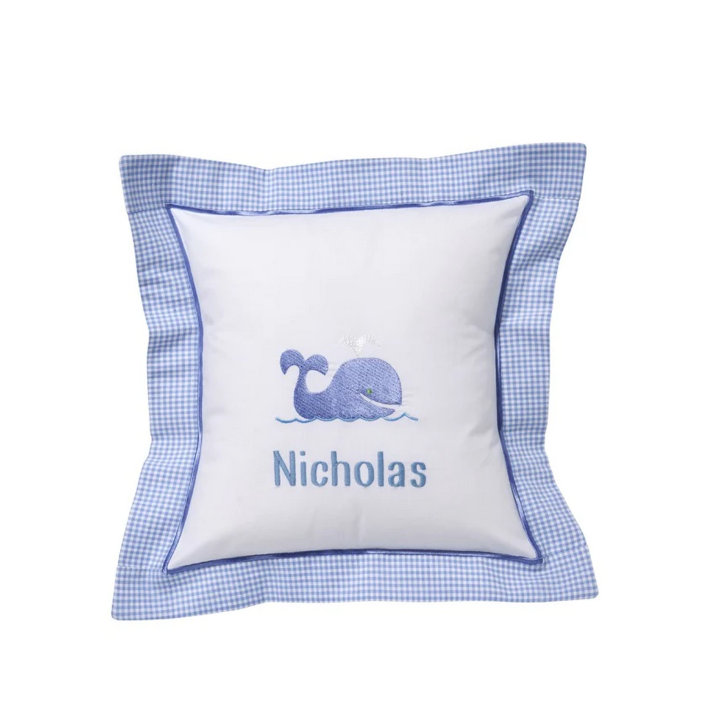 Blue Whale Baby Pillow Cover with Blue Gingham Flange - The Well Appointed House
