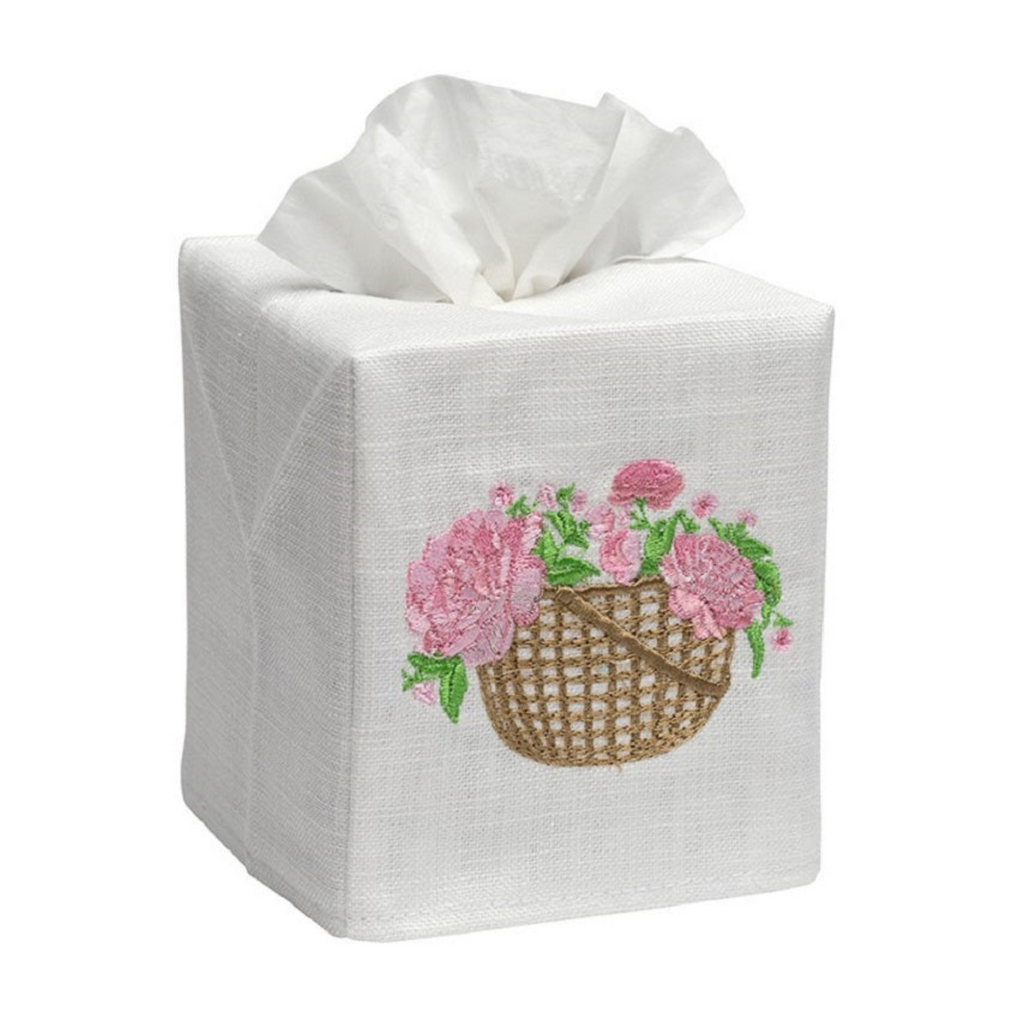 Basket of Pink Peonies Embroidered Tissue Box Cover - The Well Appointed House