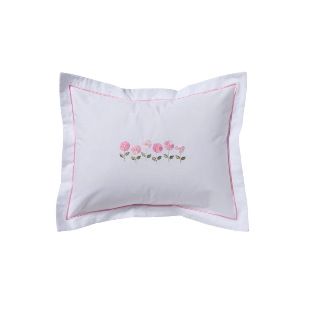 Embroidered Pink Row of Flowers Boudoir Pillow Cover - The Well Appointed House