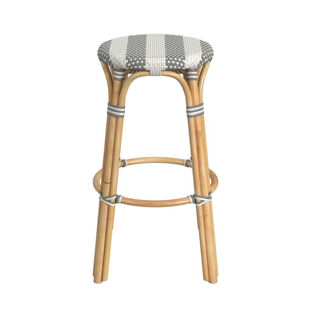 Damask Grey and White Striped Rattan Frame Bar Stool - The Well Appointed House