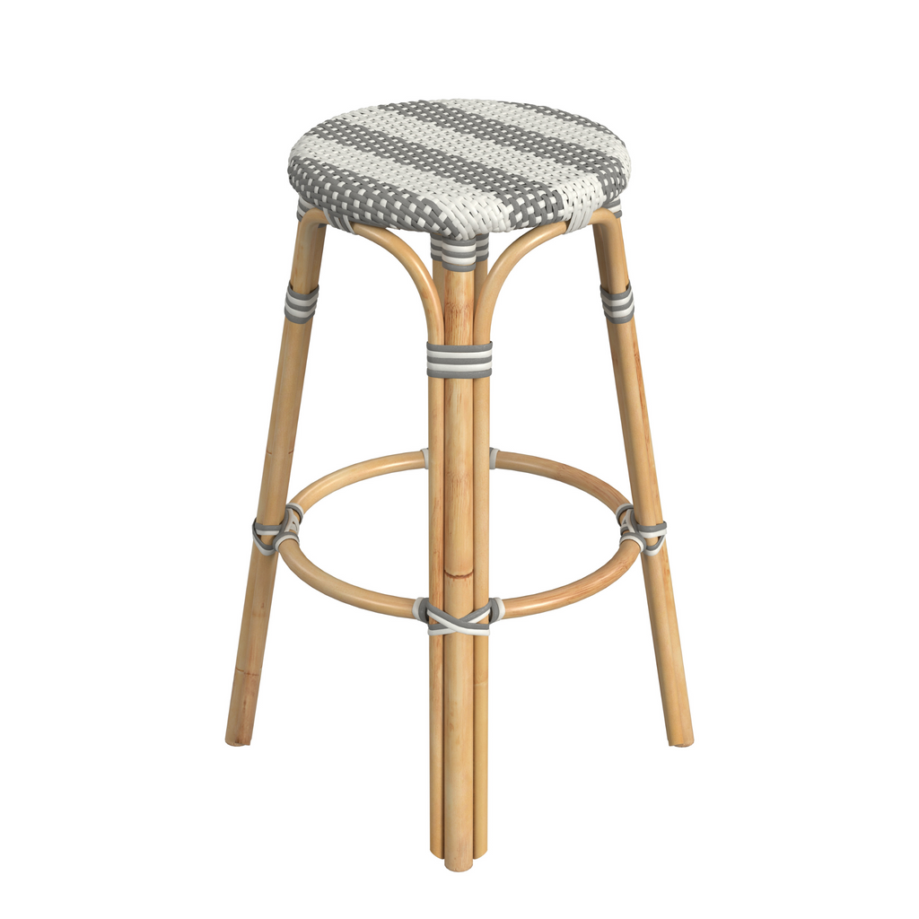 Damask Grey and White Striped Rattan Frame Bar Stool - The Well Appointed House