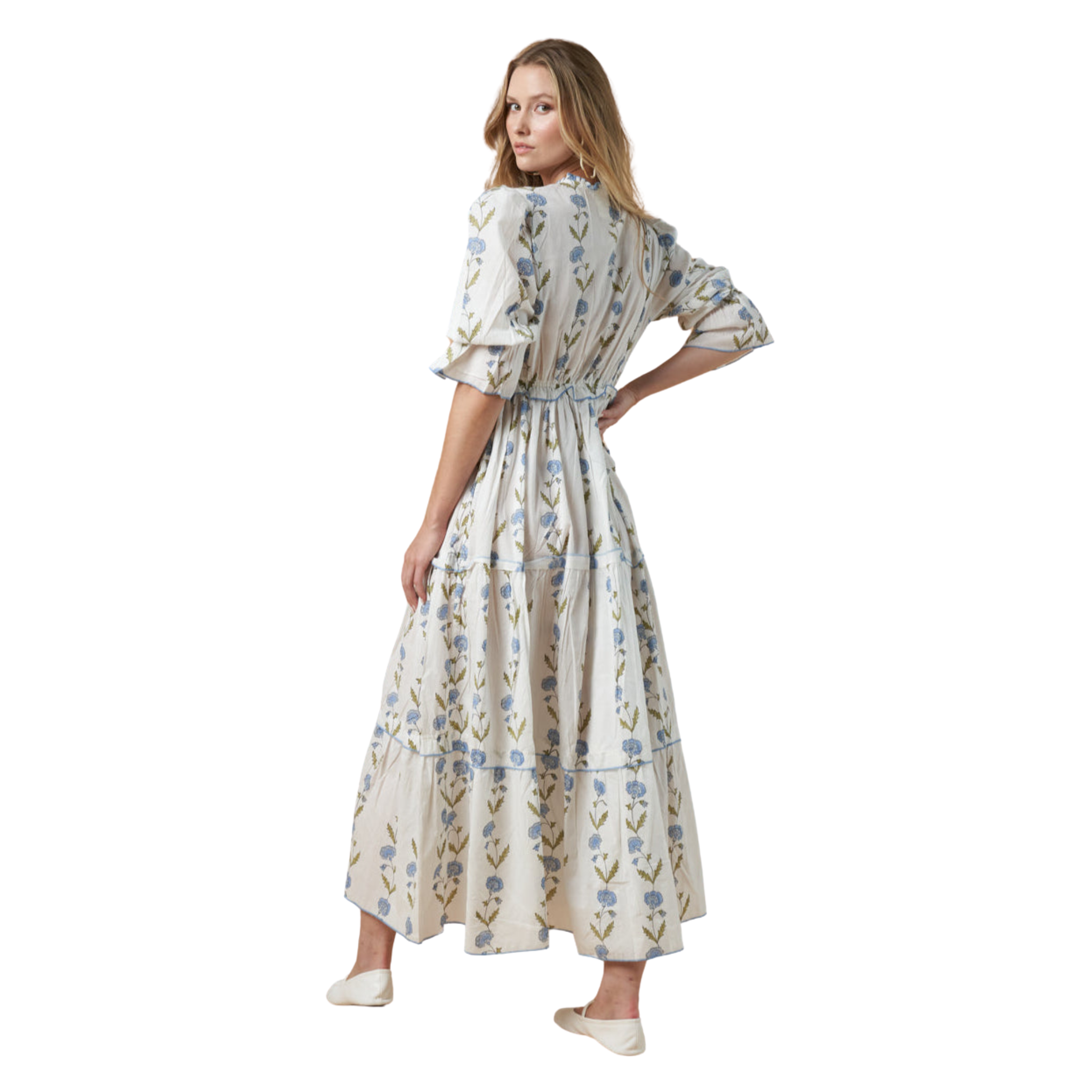 fall floral midi dress Women's Delailah Ruffle Floral Midi Dress Blue / L