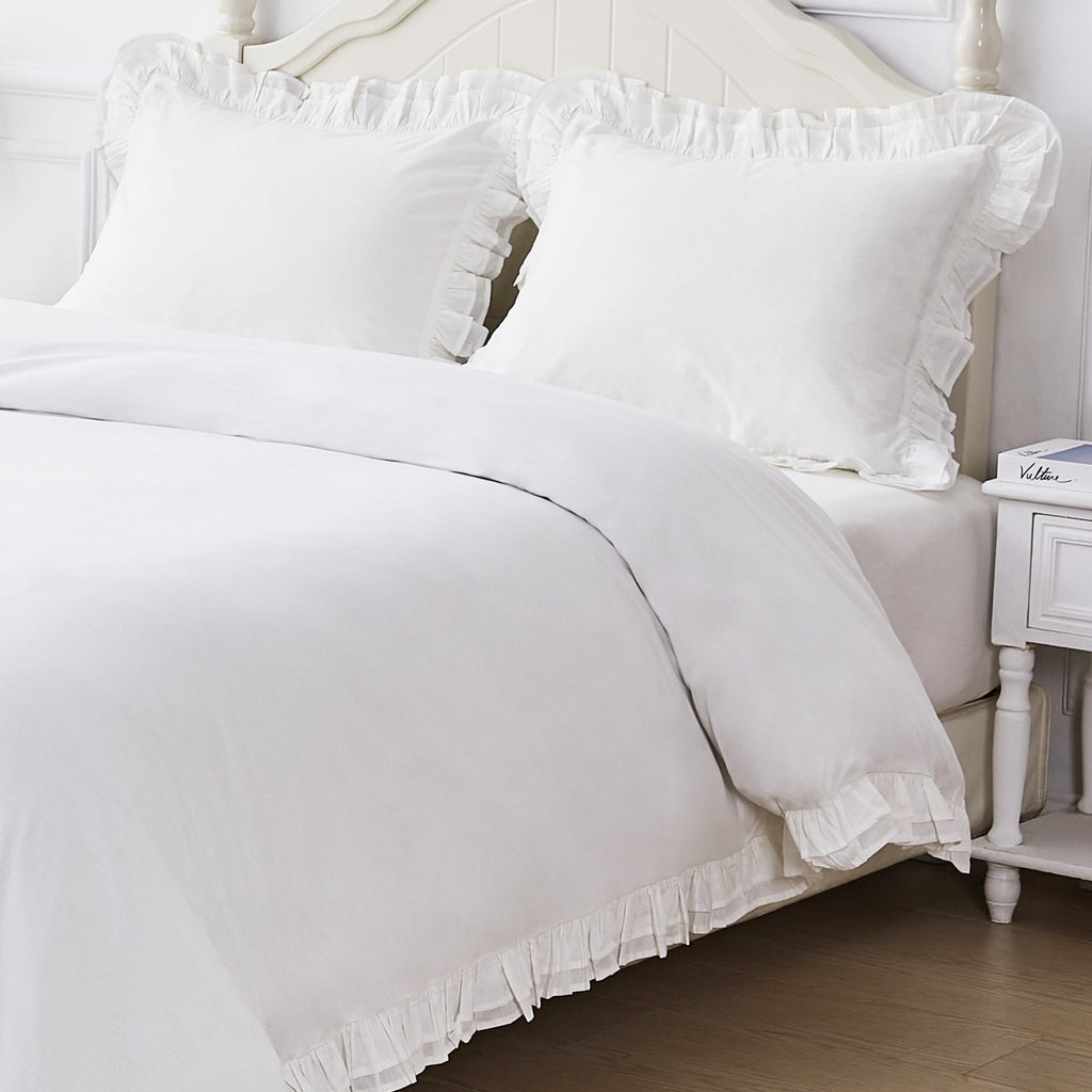 Double Ruffle Cotton Percale Duvet Set - The Well Appointed House 
