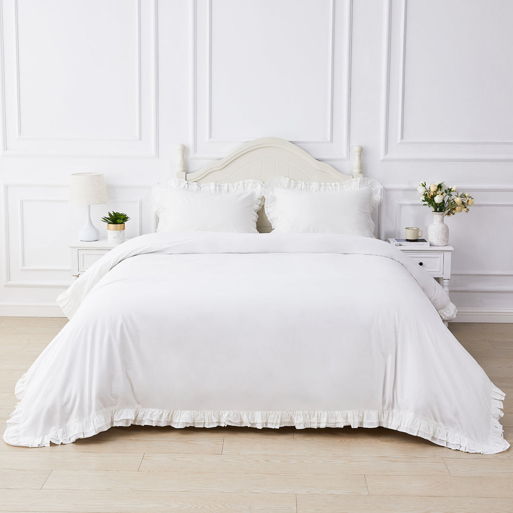 Double Ruffle Cotton Percale Duvet Set - The Well Appointed House 