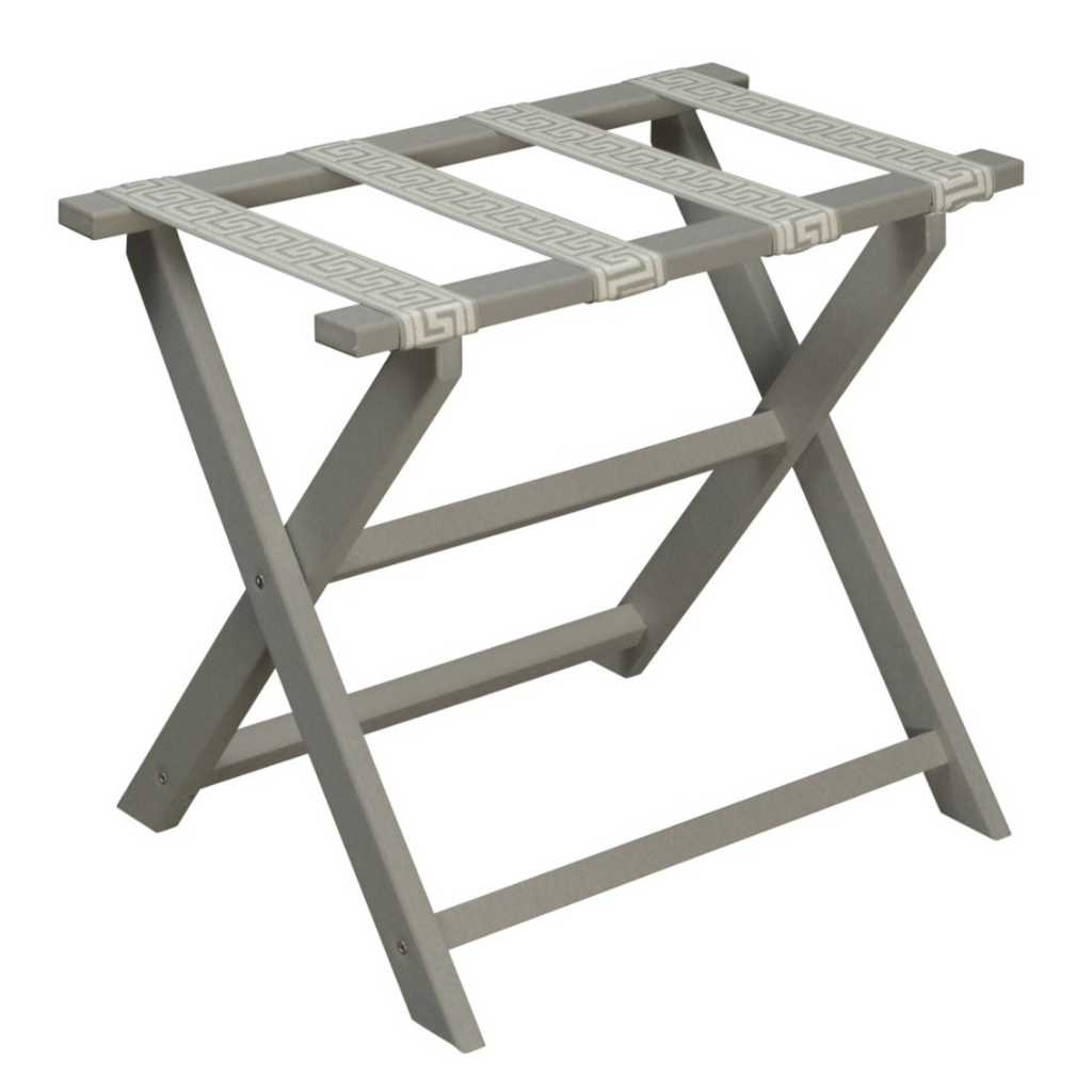 Light Grey ECO Straight Leg Luggage Rack with 4 Seafoam Greek Key Straps - The Well Appointed House