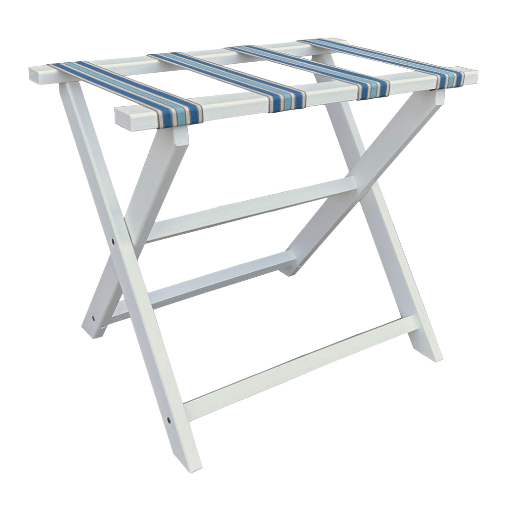 White Straight Leg Eco Luggage Rack with 4 Cabana Stripe Straps - The Well Appointed House