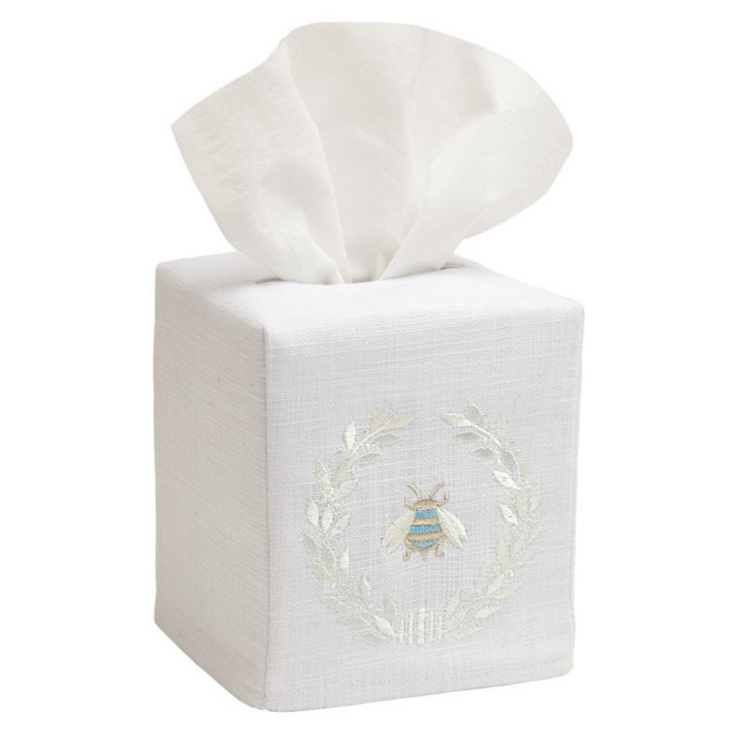 Embroidered Tissue Box Cover With Cream Napoleon Bee Wreath Design - The Well Appointed House