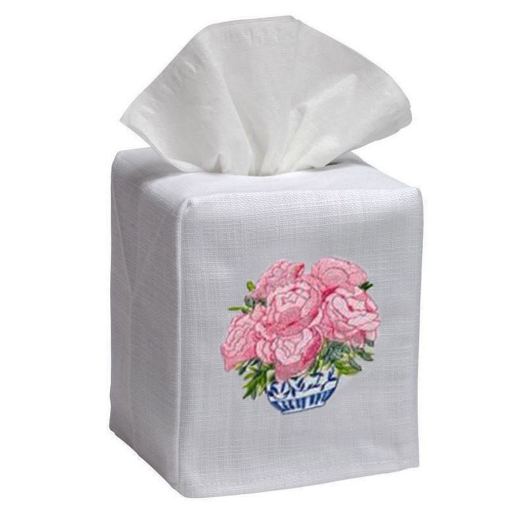 Embroidered Tissue Box Cover With Pink Pot of Peonies Design - The Well Appointed House