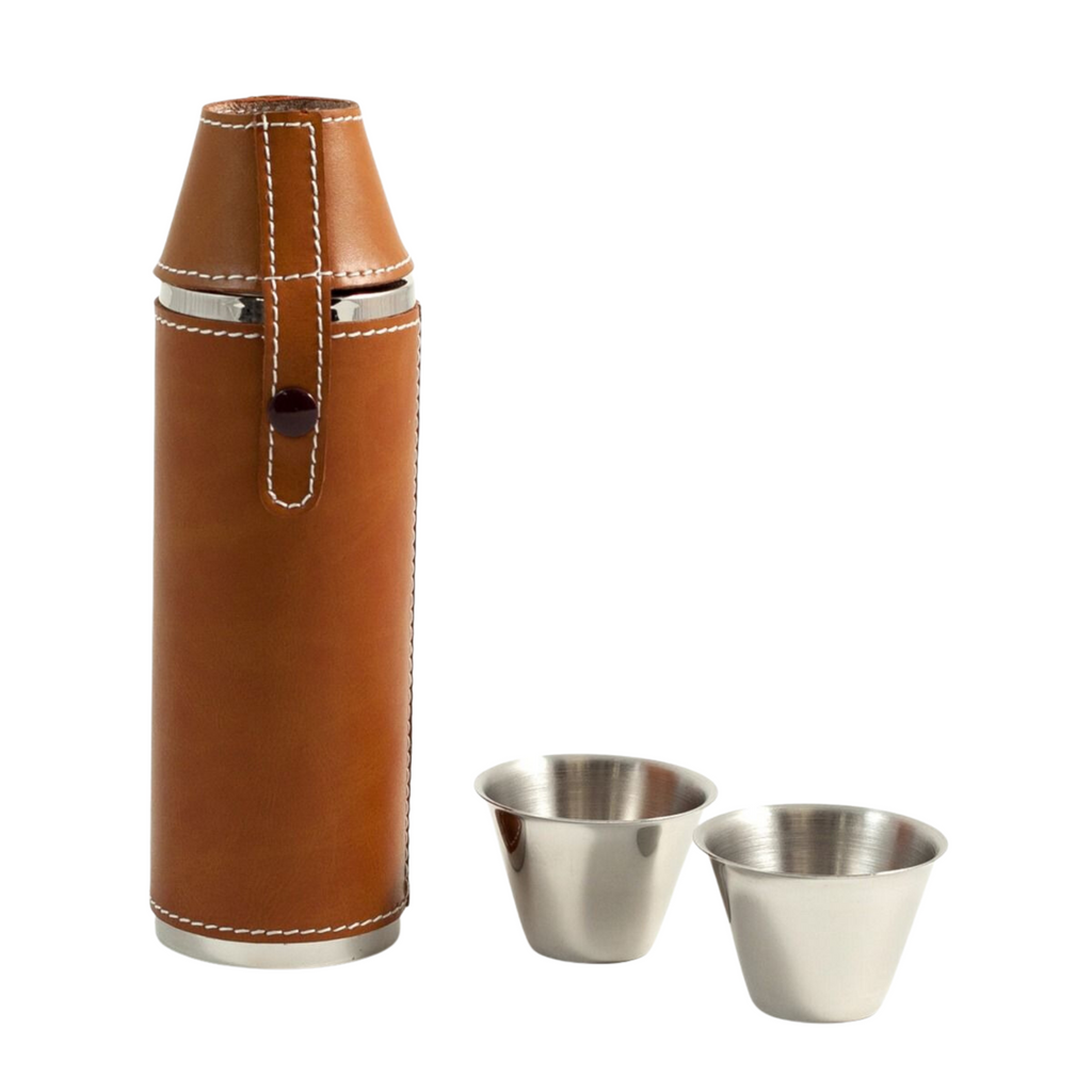 Stainless Steel & Tan Leather Cylinder Flask - The Well Appointed House