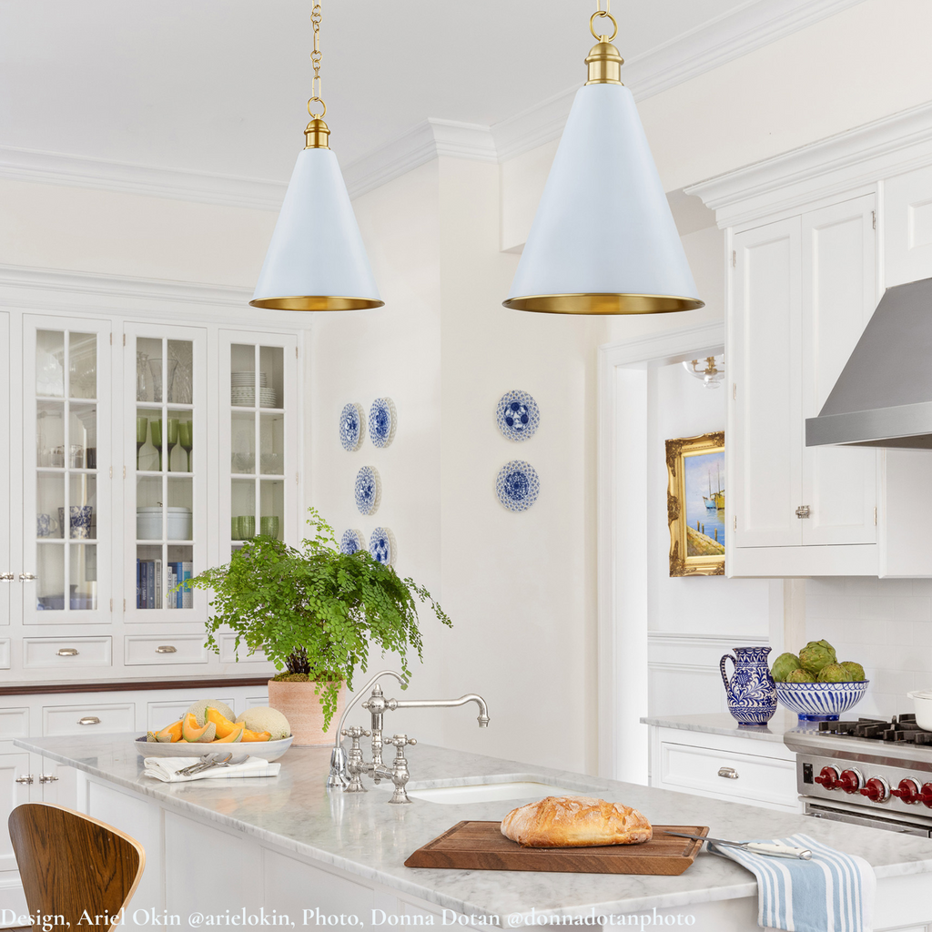 Fenimore Aged Brass & Soft Blue Conical Pendant Light - The Well Appointed House