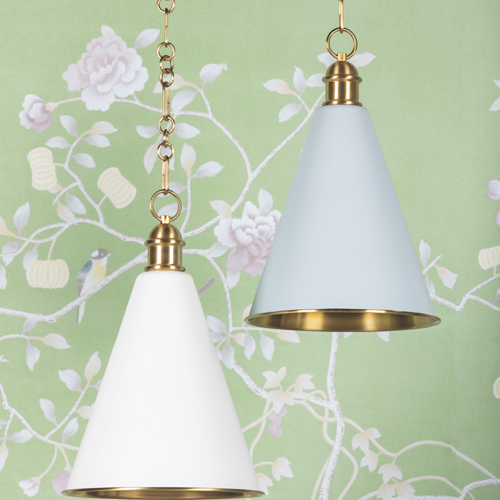 Fenimore Aged Brass & Soft Blue Conical Pendant Light - The Well Appointed House