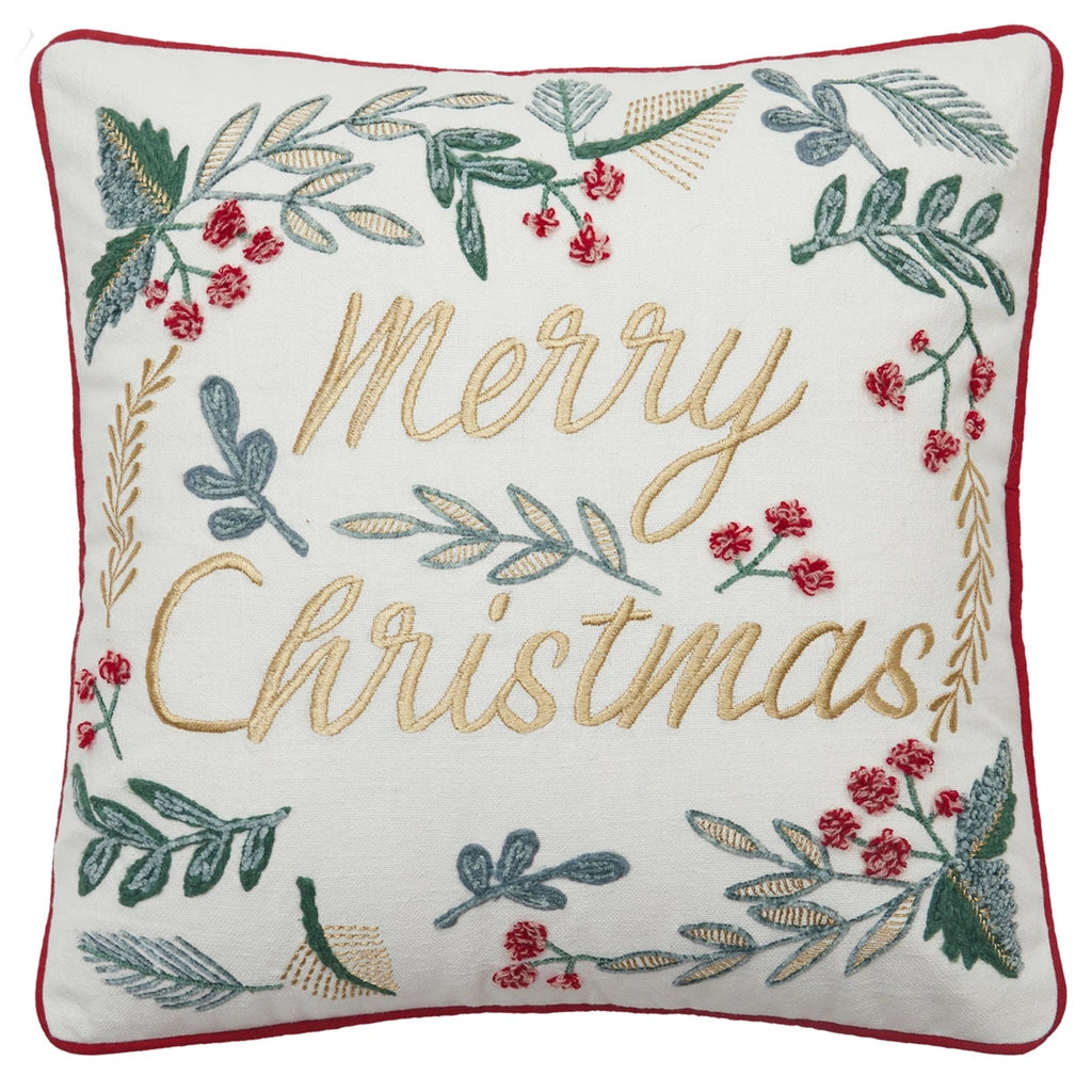 Festive Greenery Merry Christmas Embroidered Pillow - The Well Appointed House 