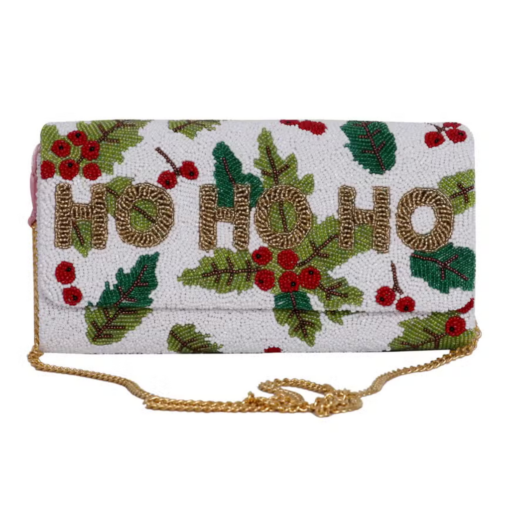 Fully Beaded "HO, HO, HO" & Holly Themed Christmas Clutch - The Well Appointed House