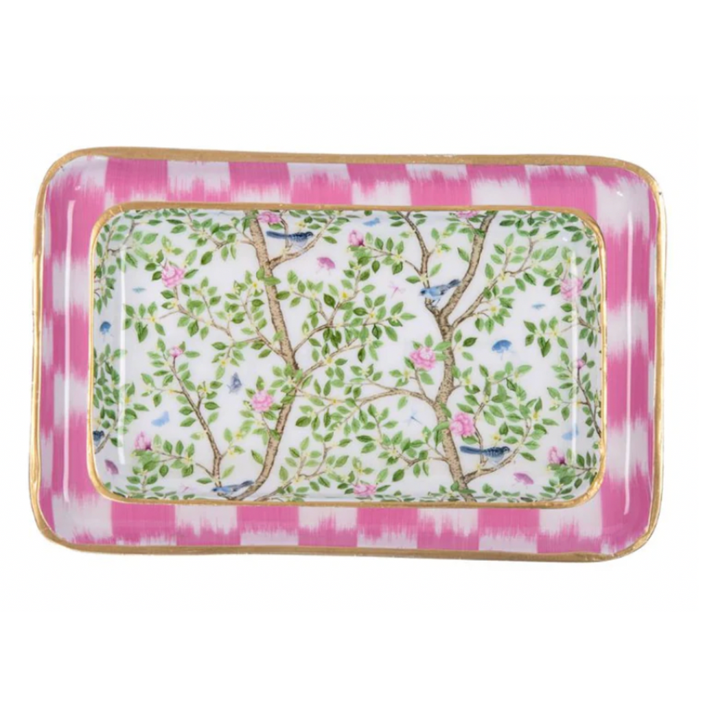 Garden Motif Blue and Pink Enameled Rowan Tray Set- The Well Appointed House