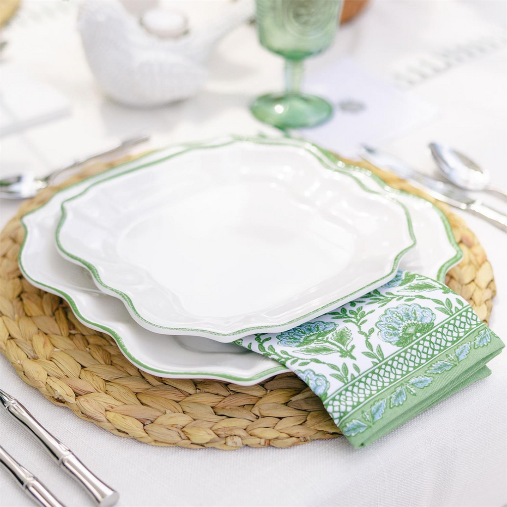 Set of Four Garden Soiree Melamine Dinner Plates with Green Border - Dinnerware - The Well Appointed House