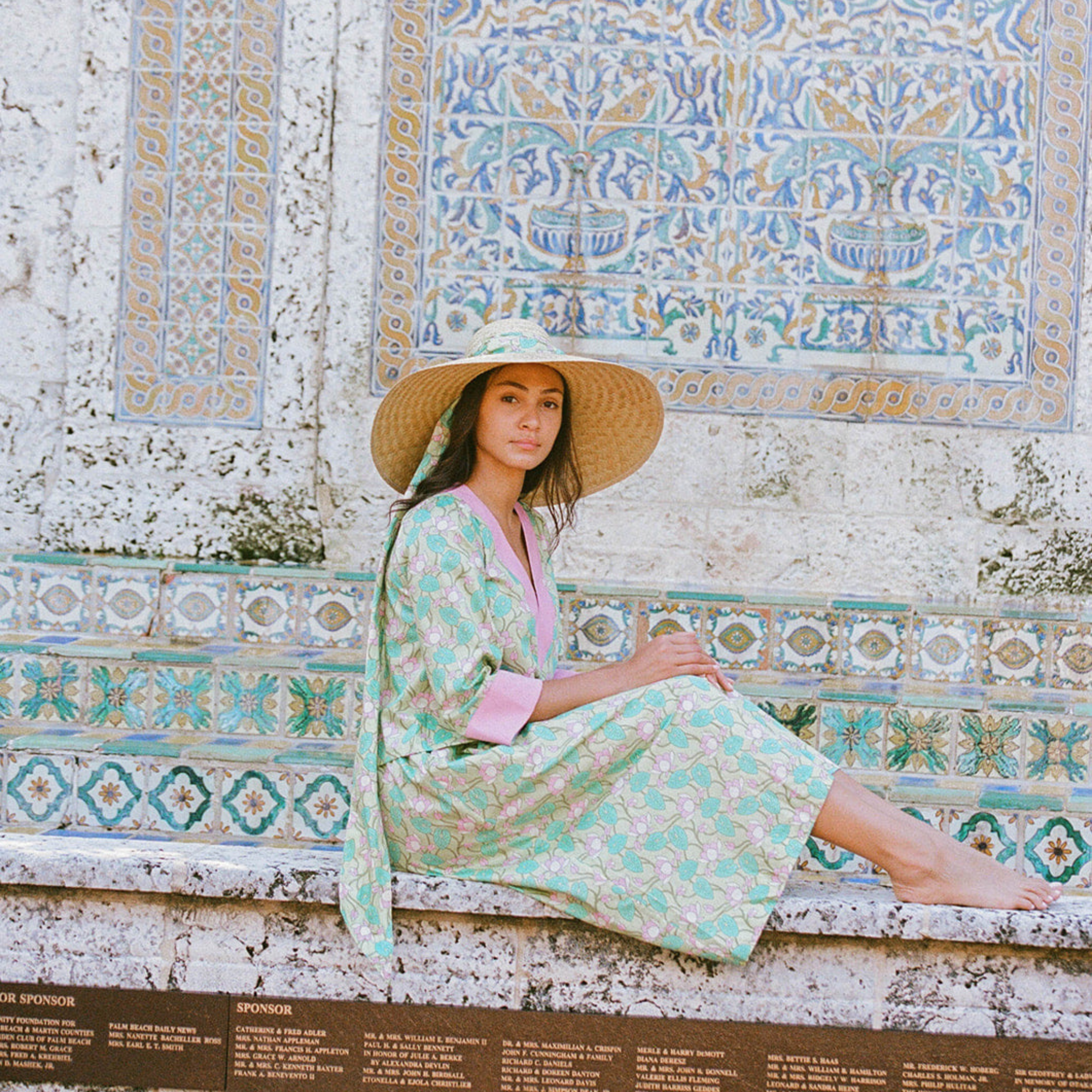 Wide-Brim Straw Hat with Pastel Blue and Blush Butterfly Accents Introducing Freya Hats at Magpies! These are handwoven by  main image 2