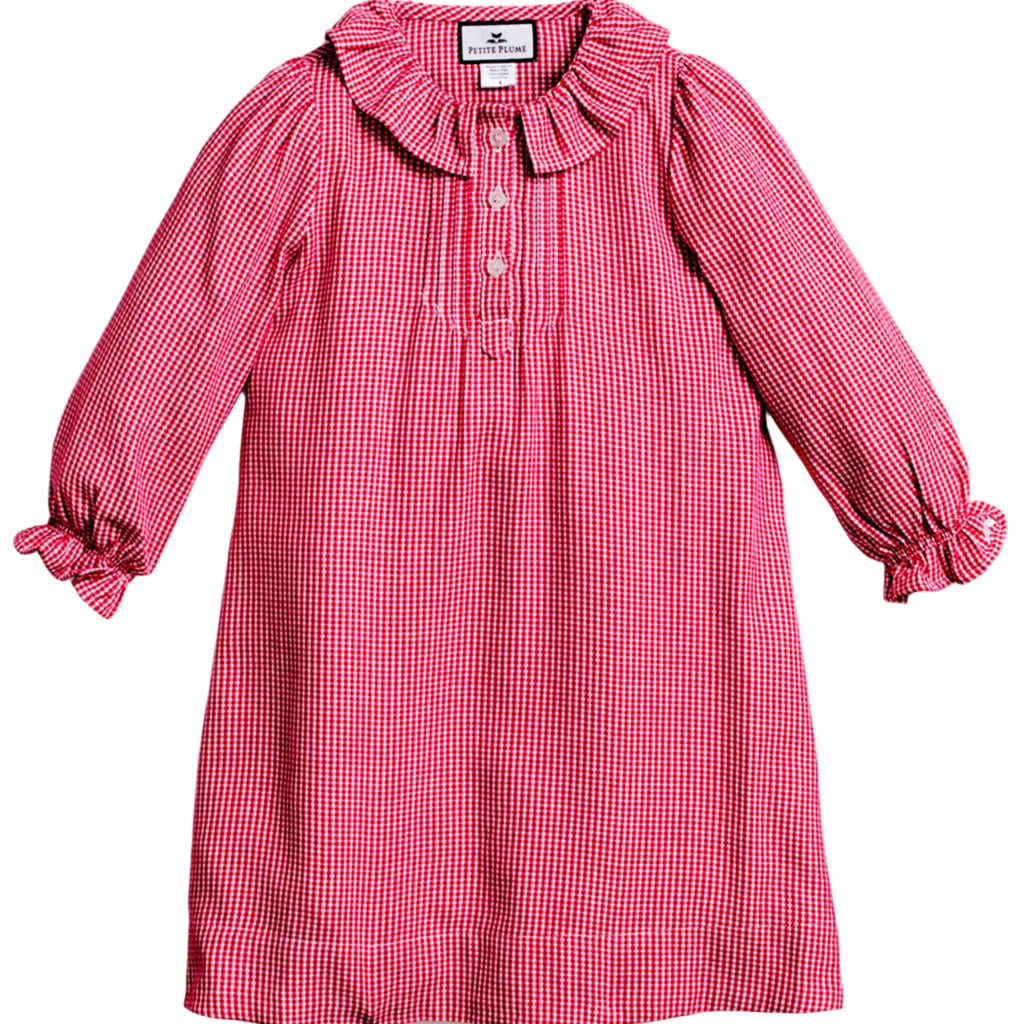 Girl's Flannel Victoria Nightgown in Red Mini Gingham - The Well Appointed House 